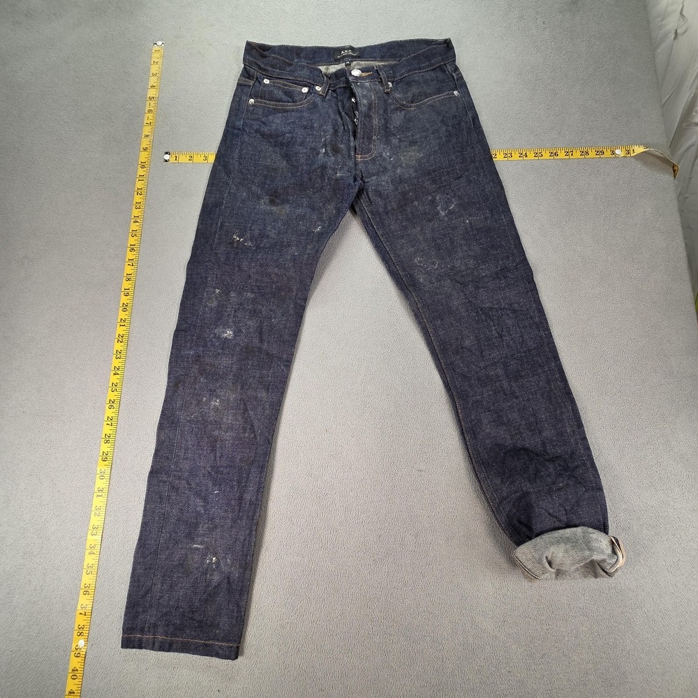 A.P.C. Jeans Mens Blue Raw Slim Tapered Button Fly Heavily Stained Fits 27x28‎